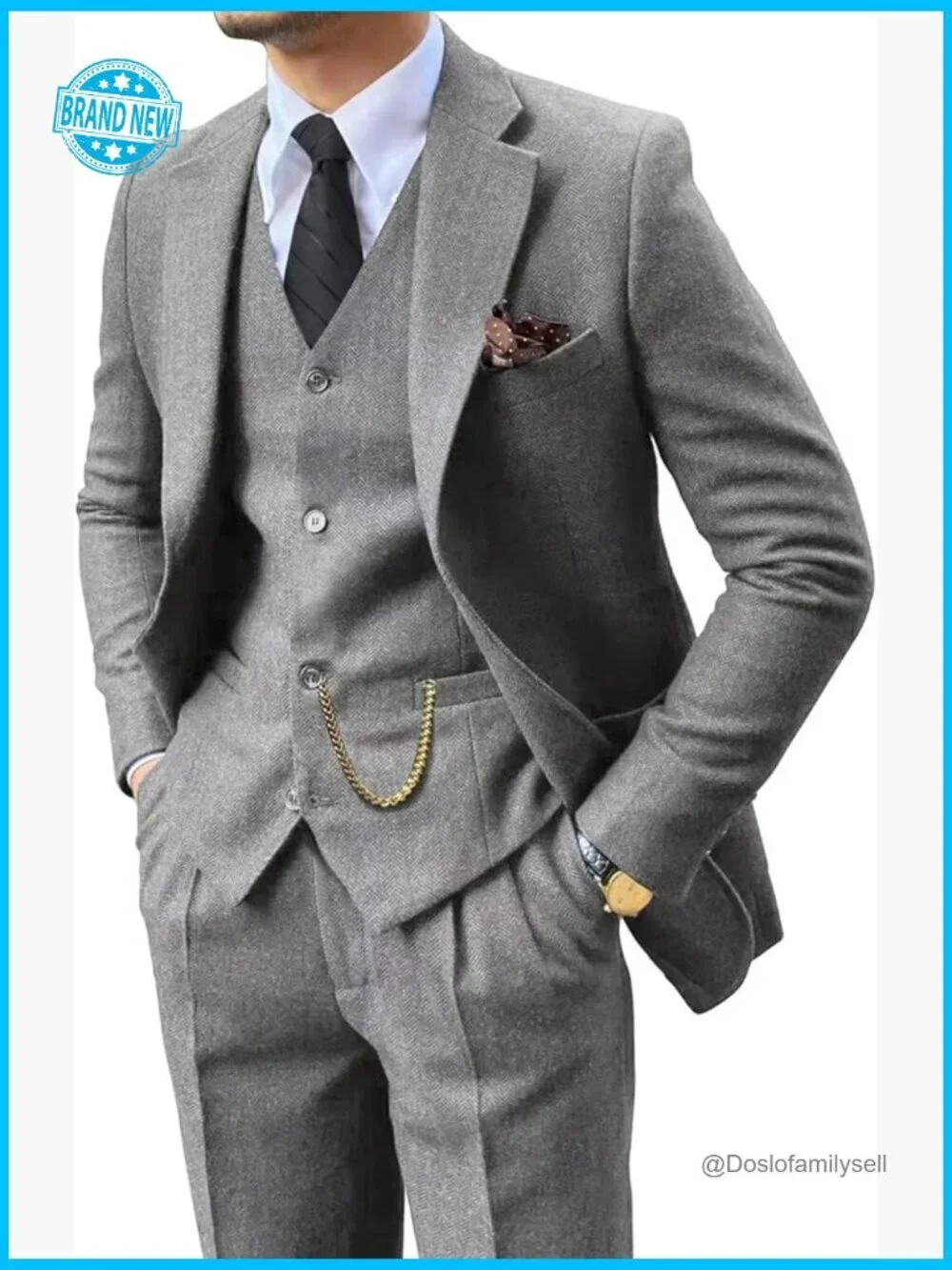 Retro Tweed Herringbone Men's Suit Slim Fit 3 Piece Set Blazer Vest Pants